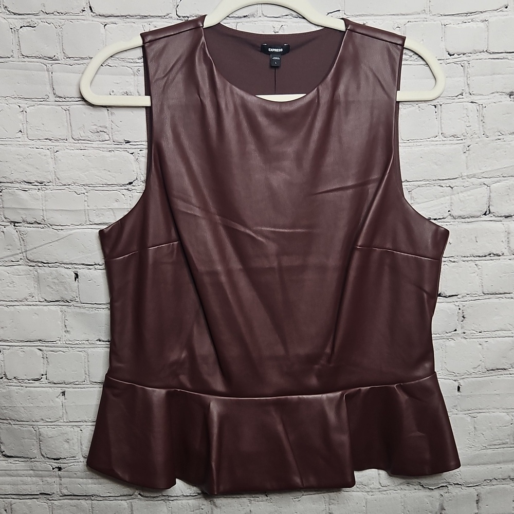 Express Chocolate brown Pleather Peplum Sleeveless Top Size Large NWT